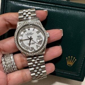 Rolex 36mm Datejust Watch w/ Diamond Bezel and White Roman Numeral Diamond Face